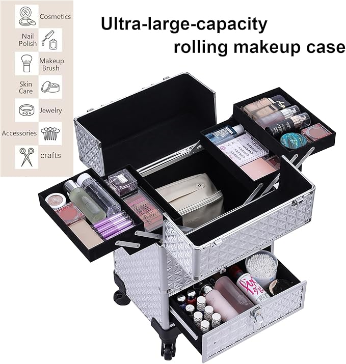 Rolling Makeup Case,Professional Cosmetology Case on Wheels,Large Cosmetic Organizer Train Case,Makeup Travel Case with Draws & Swivel wheels Nail Tech Salon Storage Traveling Cart Trunk,Silver