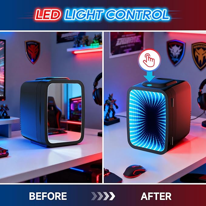 Mini Fridge, 4L/6 Can Small fridge with Dimmable Gaming Light for Bedroom,Office,Gaming room and Car,AC/DC Portable Thermoelectric Cooler & Warmer for Food, Drinks, Skincare,Black
