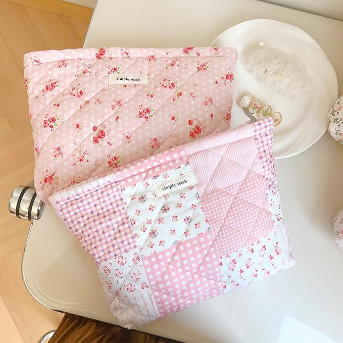 Floral Makeup Bag Large Cotton Quilted Cosmetic Makeup Bag Organizer, Cottagecore Aesthetic Portable Pouch Purse Toiletry Bag for Women Girls Travel accessories