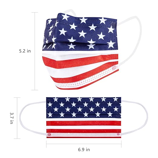 Borje Disposable Face Masks with Designs Patriotic Cute Face Mask 3 Ply USA Flag Print 50 Pcs