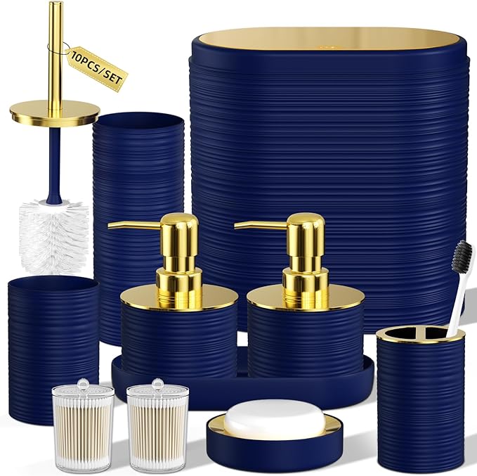 Bathroom Set, 10PC Bathroom Accessory Set, Blue Bathroom Accessories, Navy Blue and Gold Bathroom Set with Trash Can, Soap Dispensers