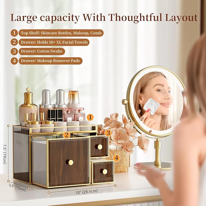 Tempered Glass Face Towel Holder with 3 Drawers, Bathroom Vanity Organizer for Disposable Face Towels, Cotton Pads, Swabs and Skincare