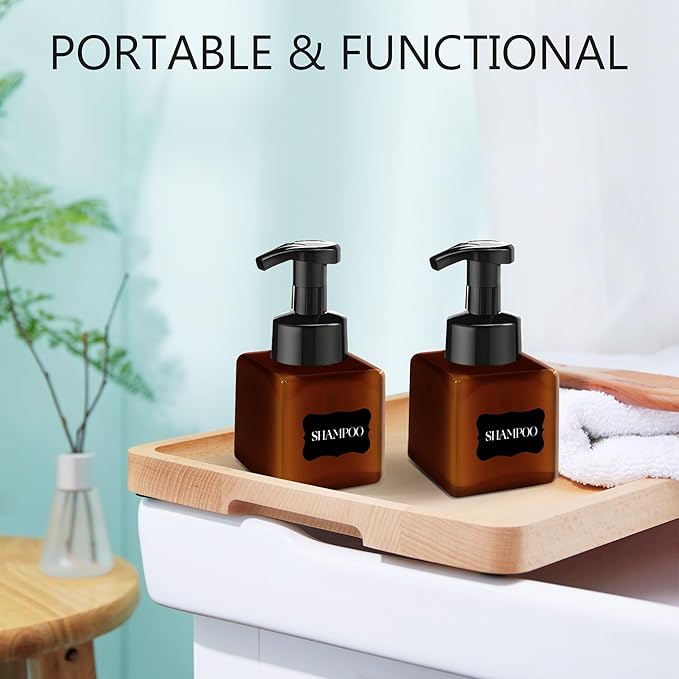 8.5 oz Foaming Soap Dispenser Plastic Foaming Pump Bottle, Refillable Dispenser with Plastic Pump, Empty Hand Bottles for Liquid Soap, Shampoo, Bathroom,Hotel,Restaurant (15, Brown)