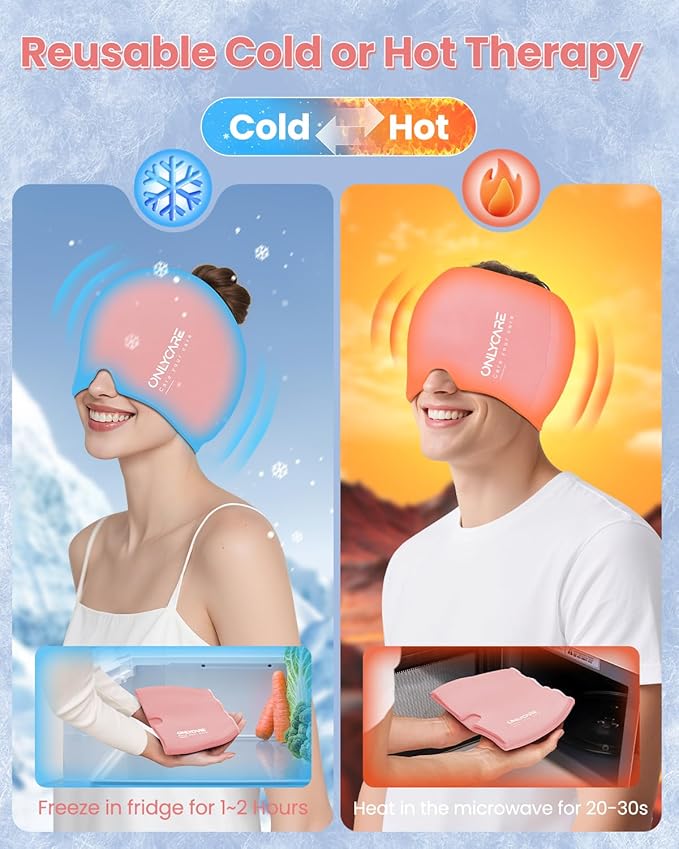 Upgraded Migraine Relief Cap, ONLYCARE Headache Relief Cap, Soothing Migraine Mask, Odorless Gel Ice Head Wrap, Hot & Cold Therapy, Reusable Ice Pack for Tension and Stress, Pink