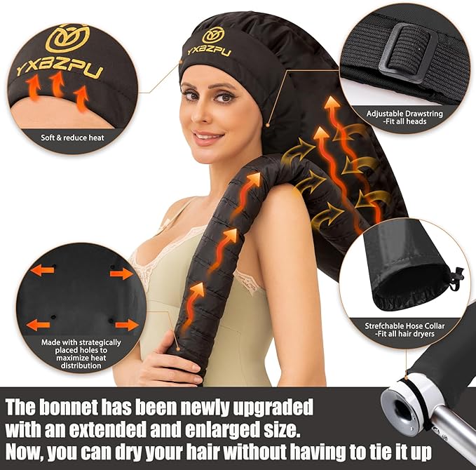 Bonnet Hair Dryer, Hooded Hair Dryer Attachment, Dryer Hooded Diffuser Cap for Curly,Speeds Up Drying Time, Safety Deep Conditioning at Home(Black)