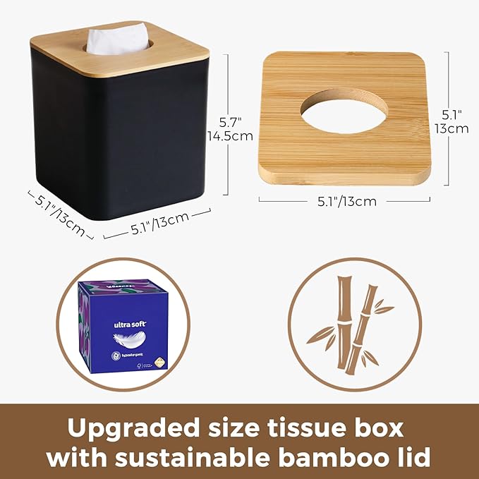 Black Tissue Box Cover, Square Tissue Box Holder with Bamboo Cover Plate, Cube Tissue Box Cover for Desk Accessories, Tissue Holders Decorative Square Tissue Box Tissue Holders for Bathrooms Bedrooms