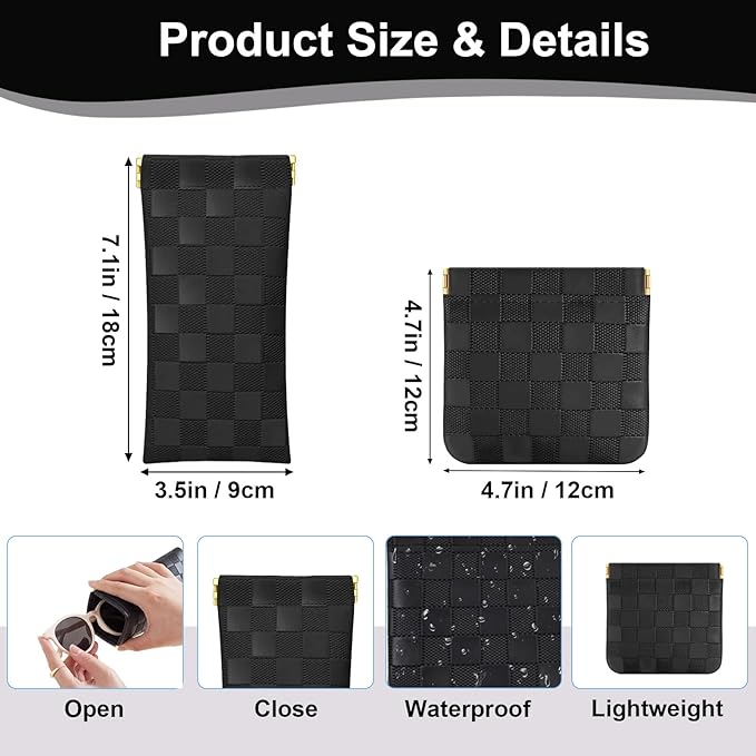2Pcs Small Makeup Bag for Purse, Mini Checkered Leather Purse Pouches for Purse Small Makeup Pouch Small Coin Purse Organizer Pouches, Portable No Zipper Pocket Cosmetic Bag for Women (Black)