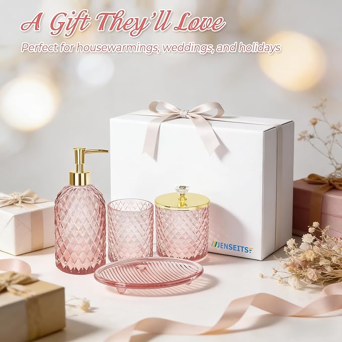Jenseits Diamond Glass Bathroom Accessories Set 4 Pcs - Pink & Gold Bathroom Decor Set with Soap Dispenser, Toothbrush Holder, Qtip Jar, Vanity Tray - Luxury Gift for Women, Home Apartment Essentials