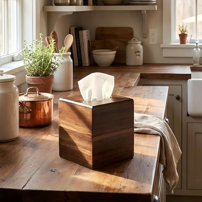 Wood Tissue Box Cover， Acacia Wood Tissue Box Cover Square, Decorative Cube Facial Wooden Tissue Box Holder with Slide-Out Bottom for Bathroom, Bedroom, Dinner Table, Office, Kitchen