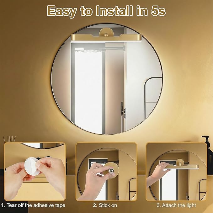 Wireless Vanity Lights for Mirror, Rechargeable Battery Operated Stick on Lamp, Adjustable Makeup Light, Cordless Magnetic LED Bar Renter Friendly Lighting Decor Gift, Gold