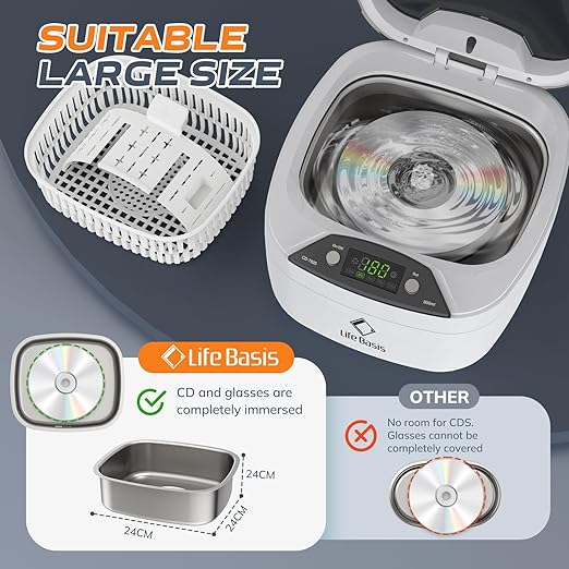 Life Basis Ultrasonic Jewelry Cleaner Ultrasonic Cleaning Machine 850ml (28 Ounces) LCD Screen with 5 Digital Timer Watch Stand CD Holder for Ring Jewelry CD DVD Watches Glasses Makeup Brush