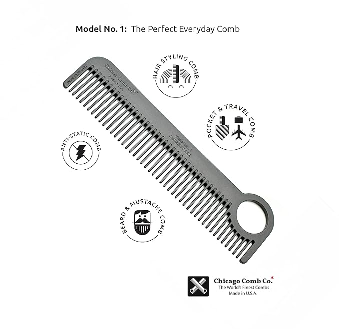Chicago Comb Model 1 Carbon Fiber Comb + English Tan Horween leather sheath, Made in USA, ultimate pocket and travel comb, smooth strong & light, anti-static, premium American leather sheath