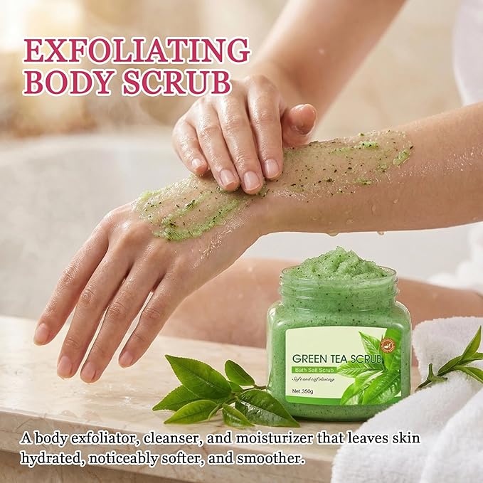 Green Tea Body Exfoliator, Deep Cleaning Exfoliating Body Scrub, Moisturizing Nourishing Salt Rose Body Scrub, 350 g