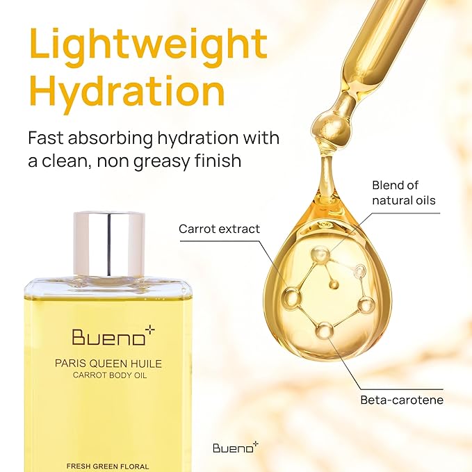 Bueno+ PARIS QUEEN HUILE CARROT BODY OIL | Hydrates & Protects Skin with Carrot Extract, Beta-Carotene | Protective Nutrition Supply Moisturizing Elasticity Dry Moisture | 6.7 Fl Oz