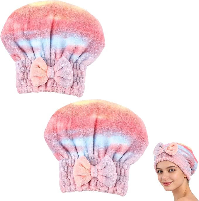 2PCS Super Absorbent Hair Towel Wrap for Wet Hair,Microfiber Hair Drying with Caps Bow Design,2026 New Fast Drying Hair Turban Wrap Towels Shower Cap for Girls and Women(Gradient Pink)