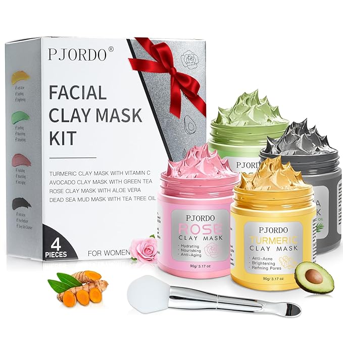 4 Pcs Clay Mask for Face(360g in total), Turmeric Vitamin C, Dead Sea Mud, Green Tea Avocado, Rose, Face Mask Skincare for Pore Cleansing, Facial Clay Mask Set Gifts for Women, 3.17 Oz Each