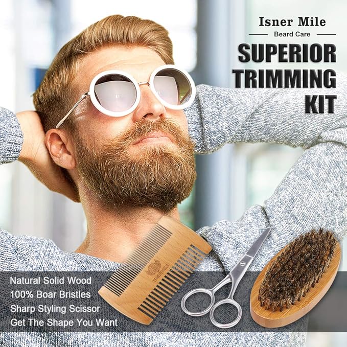 Isner Mile Beard Grooming Kit for Men Care: with Beard Wash - Oil - Balm - Brush - Comb & Straight Razor, Mens Birthday Christmas Stocking Stuffers Valentines Day Gifts for Him Boyfriend Dad Husband