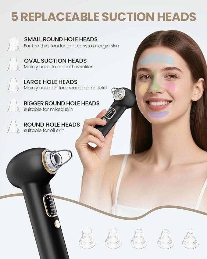 Electric Blackhead Remover Vacuum with Heating, 3 Suction Levels 5 Probes Pore Extractor Kit, Rechargeable Deep Pore Cleansing Tool for Women & Men (Black)