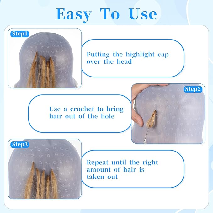 SHENLIU Punched Silicone Highlight Hair Cap with Needle Brushes Set,Reusable Highlighting Poked Hole Hooks for Salon Color Hairdressing Dyeing Staining Tools for Women Men(Blue)