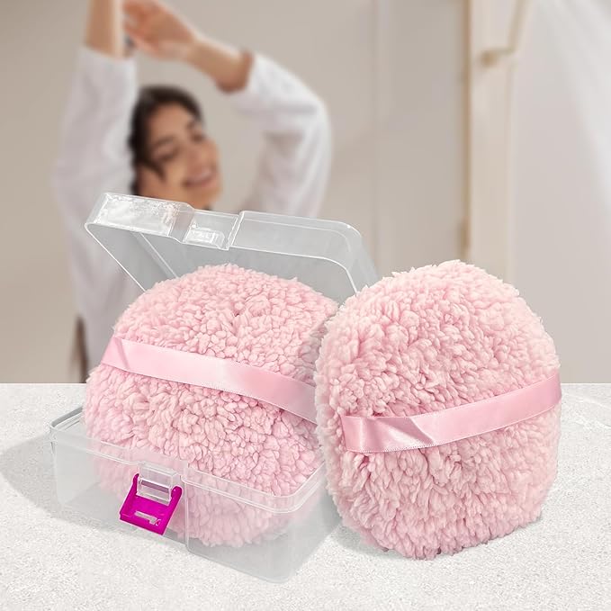 6'' Body Powder Puff 2-Pack with Storage Box – Oversize Soft Dusting Puff for Women, Fluffy Talcum Powder Applicator, Gentle Skin Care Puff for Post-Bath Use，Pink