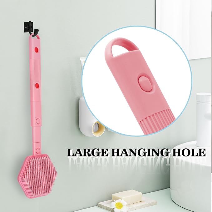 Silicone Back Scrubber for Shower with 21" Extendable Handle-Dual-Sided Long Handle Bath Brush for Exfoliating & Massage–Non-Slip Grip, Gentle&Deep Cleansing Body Brush for Men, Women, Seniors (Pink)