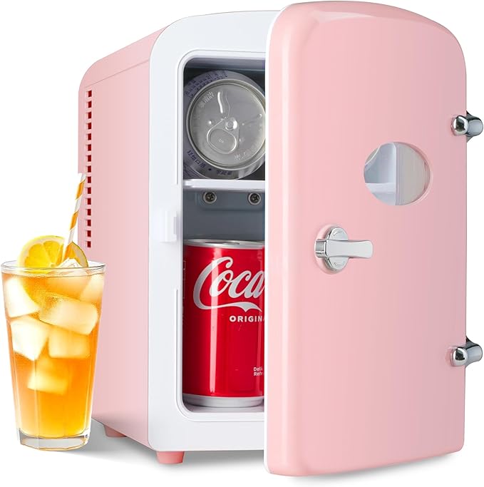 Simple Deluxe 4L/6 Can Portable Mini Fridge with Observation Window, Compact Cooler & Warmer Freon-Free Small Refrigerator, for Skincare, Beverage, Food, Cosmetics, Pink