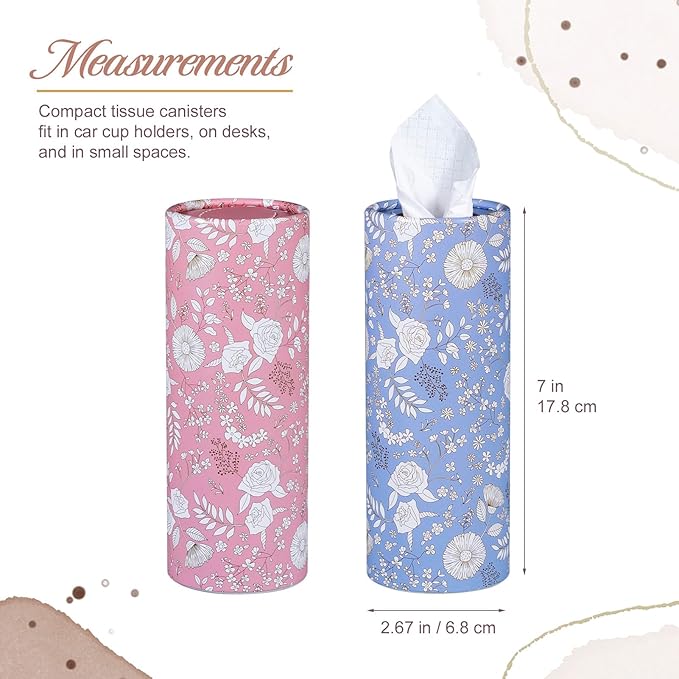 Car Tissues Cylinder, 4-Pack, 50 Tissues per Canister, 3-Ply (200 Total), Facial Tissues for Car Cup Holder, Round Tissue Box Holder, Wildrose & Dandelion Whispers