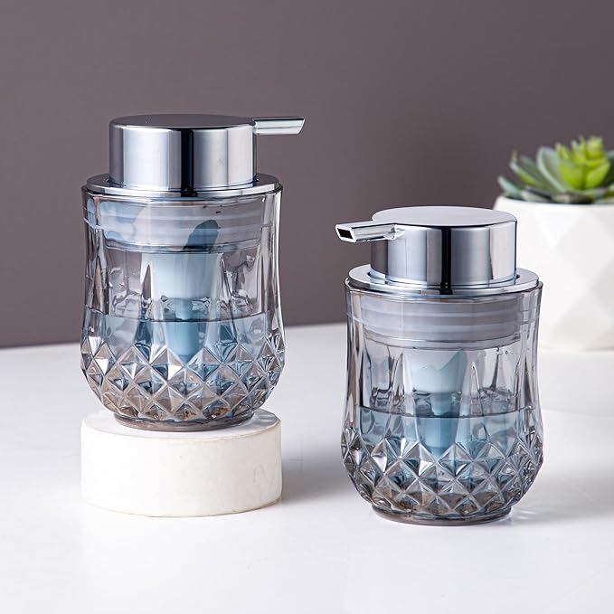 Enra Glass Soap Dispenser Set - 2 Pack Bathroom Hand Liquid Soap Dispensers,Modern Home Soap Dispenser for Bathroom,Kitchen (Silver Liquid Type/2Pcak)