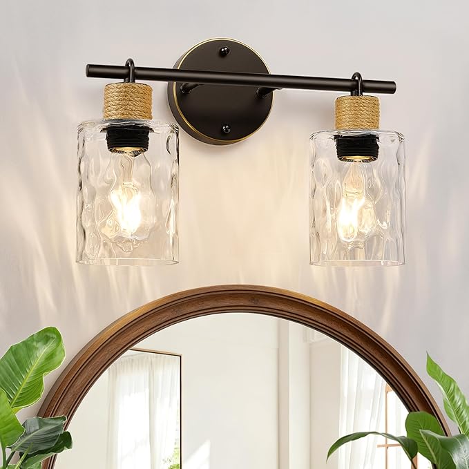 Bathroom Light Fixtures, 2-Light Coastal Vanity Lights with Crystal Glass Shade, Brown and Gold Bathroom Wall Lamp for Mirror Kitchen Hallway Cabinet
