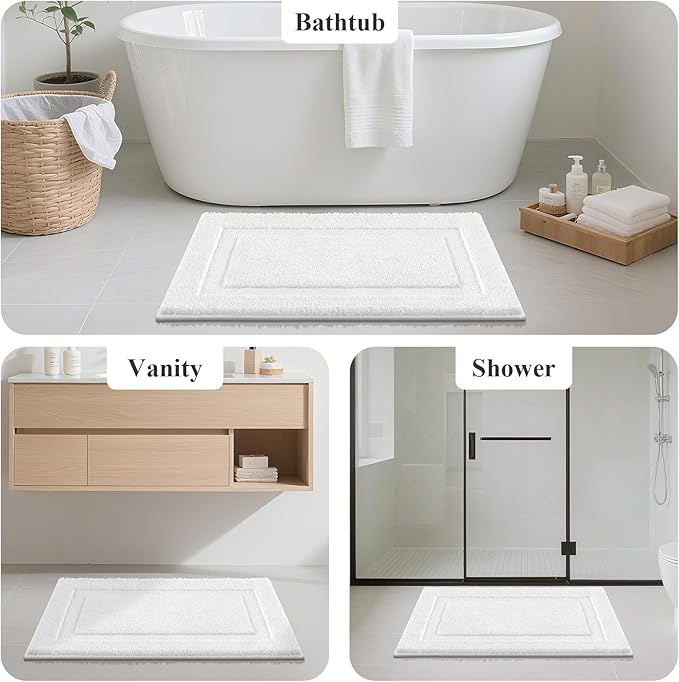 SHACOS White Bathroom Rugs Sets 3 Piece, 16"x24" + 20"x32" Non Slip Bath Mat and 20"x24" Toilet Rugs U Shaped Washable, Soft Fluffy Water Absorbent Bath Rugs for Bathroom