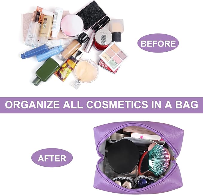 MAANGE Small Makeup Bag For Purse, Travel Cosmetic Bag Makeup Pouch PU Leather Portable Versatile Zipper Pouch For Women (Purple)