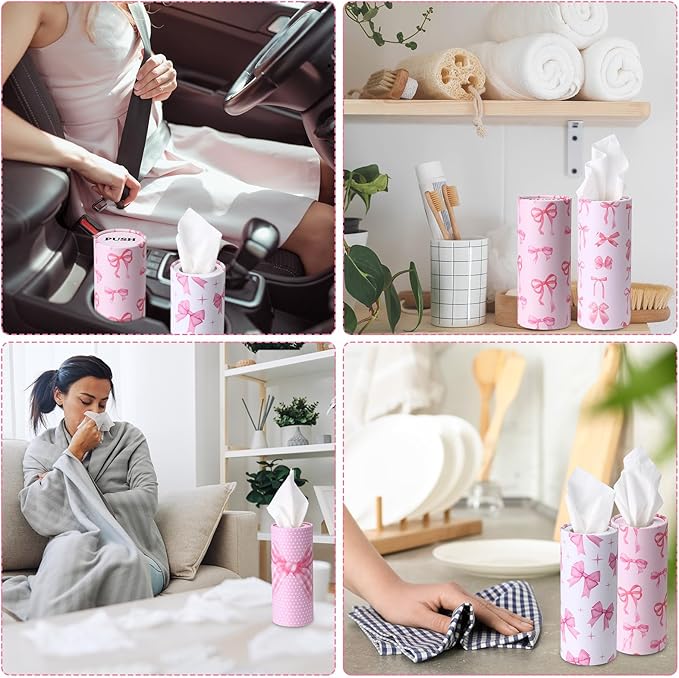 Outus 12 Pcs Bow Car Tissues Cylinder Holder with 3 Ply Facial Tissue Bulk Pink Bow Ribbon Round Tissue Holder Travel Tissues Boxes Container for Car Cup Wedding Birthday Party