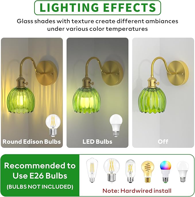 2-Pack Wall Sconces Lights Lamp for Bedroom Bathroom, Modern Vanity Light Fixtures, Wall Mount Lighting Vintage Tulip Green Glass Shade for Living Room Mirror Hallway Kitchen