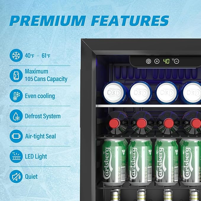 95 Can Freestanding Beverage Refrigerator, 2.6 Cu. Ft Drink Fridge with Clear View Door, Adjustable Shelves & Temperature Control, Quiet Compressor Small Refrigerator for Soda, Beer or Wine