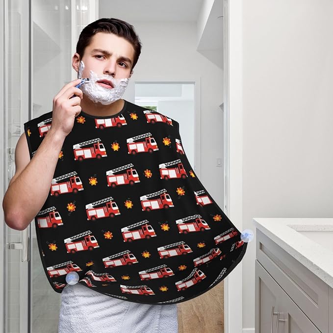 Non-Stick Beard Bib for Shaving, Fire Fighters Red Fire Truck Cartoon Shave Bib, Waterproof Hair Catcher with Suction Cups, Grooming Apron Men Husband