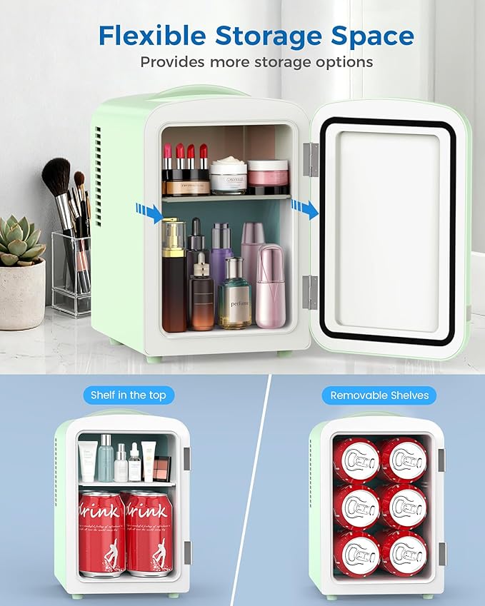 Mini Fridge for Bedroom, 4L/6 Cans Small Cosmetic Fridge for Skincare, Makeup, Medicine & Beverage, Portable Desk Fridge Cooler and Warmer for Kids, Car, Office, Dorm, Green