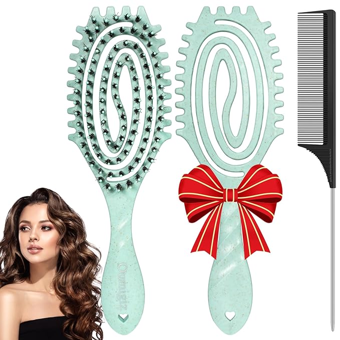 Curl Defining Brush, Boar Bristle Detangling Hair Brush for Women Girls Thick Curly Wavy Hair Wet Dry Use, Fast Blow Drying Vented Styling Hairbrush, Smoothing Hair No Tangle (Turquoise)
