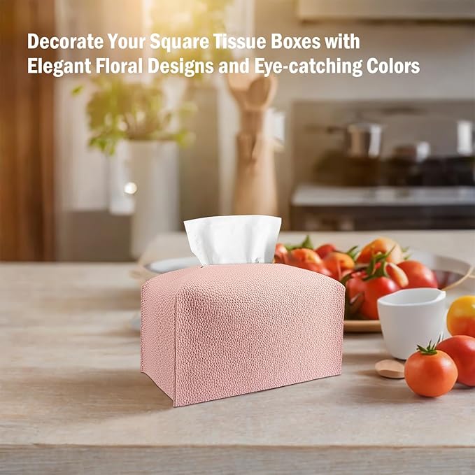 Tissue Box Cover PU Leather Tissue Holder Rectangle Facial Tissue Case Tissue Box Organizer Dispenser for Bathroom, Kitchen, Home, Office, Tabletop (SoftPink, Short)