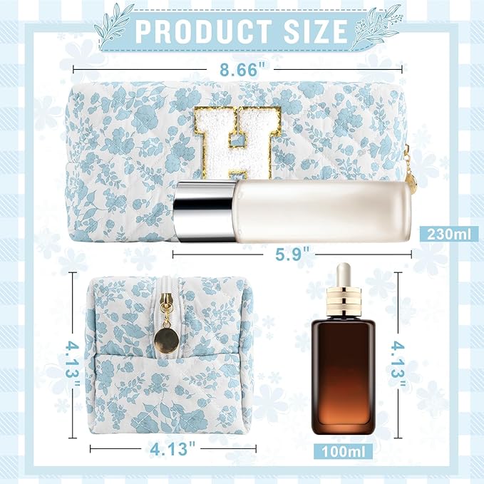 Personalized Quilted Cosmetic Bag, Puffy Monogrammed Christmas Birthday Gifts for Women & Girls, Cute initial Floral Makeup Bag Puffer Coquette Bag, Aesthetic Travel Toiletry Zipper Pouch(Blue,H)
