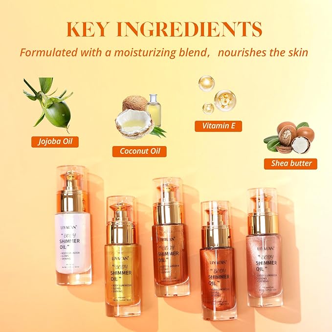 Liyalan Shimmer Body Oil Rose Gold Color 1.0 fl.oz Face Glow Pearl Highlighter Illuminator Long-Lasting Shine Glitter Liquid Tanning with Makeup Brush
