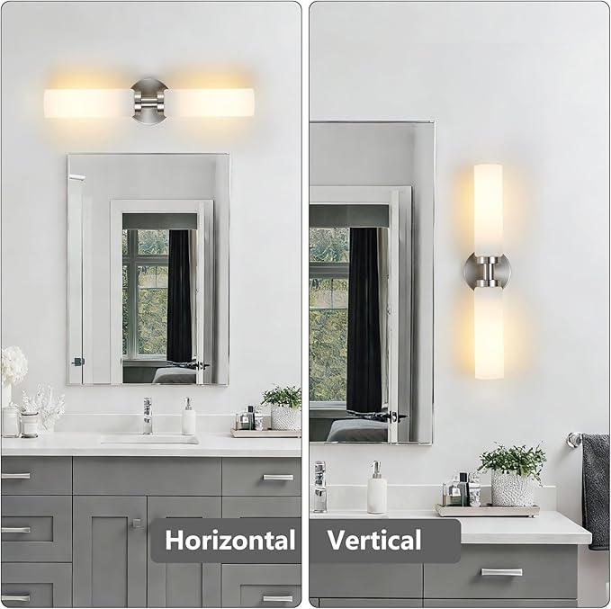 2 Light Brushed Nickel Bathroom Light Fixture Over Mirror, Modern Farmhouse Bathroom Vanity Light with Milky White Frosted Glass Shade, Wall Sconce for Hallway Cabinet Bedroom Porch