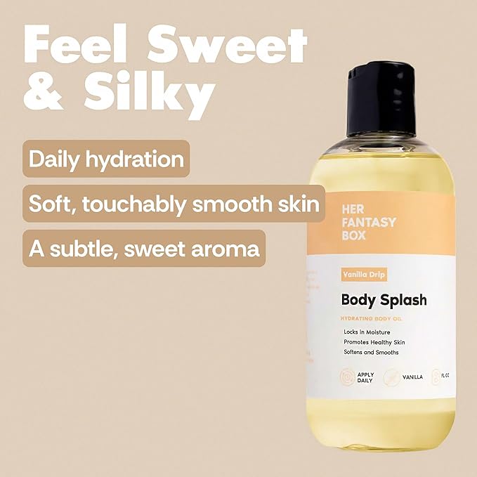 Her Fantasy Box | Body Splash Vanilla Drip Fragrance Oil – Warm Vanilla Sugar Scent with Creamy Cashmere & Sandalwood, Lightweight Hydrating Body Oil, Vegan & Cruelty Free