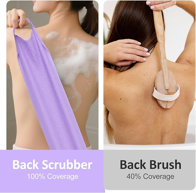 4PCS Exfoliating Back Scrubber with Handles, Nylon Double-Sided Exfoliator Extended Length Stretchable Body Exfoliating Washcloth Pull Strap Back Washer for Women Men