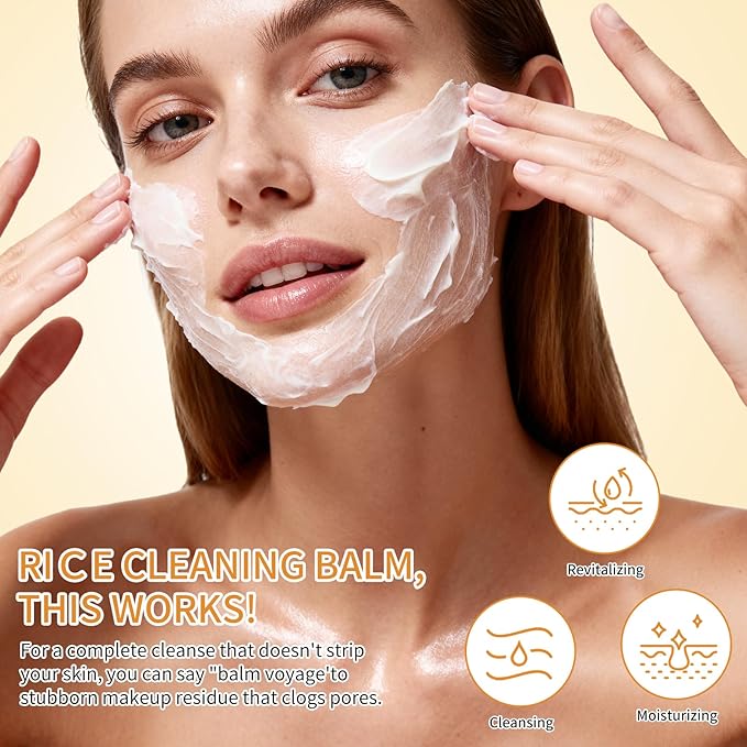 Cleansing Balm, Rice Water Makeup Remover Balm, Effortlessly Removes Makeup With Rice To Nourish & Hydrate, Soothing for All Skin Types