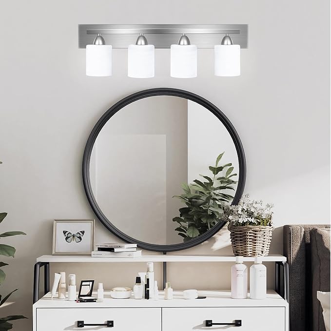Bathroom Vanity Light Fixture, 4-Light Modern Bathroom Lights with Glass Shade, Brushed Nickel Bath Lighting Fixtures Over Mirror, Hollywood Style Interior Wall Sconce for Makeup Dressing Table