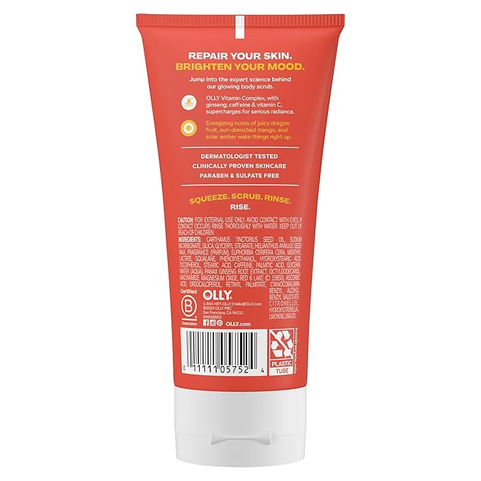OLLY Bright Body Scrub with Ginseng, Caffeine & Vitamin C– Nourishing Cleanser for Skin Exfoliation, SkinBarrier Repair, Citrus Currant Scent, 6 oz