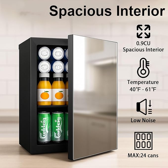Compact Mini Fridge - 24 Cans/0.9 Cu.Ft Beverage Refrigerator with Mirrored Door & Digital Thermostat, Small Cosmetics Cooler for Skincare, Drinks, Food,Bedroom, Office, Dorm,Black
