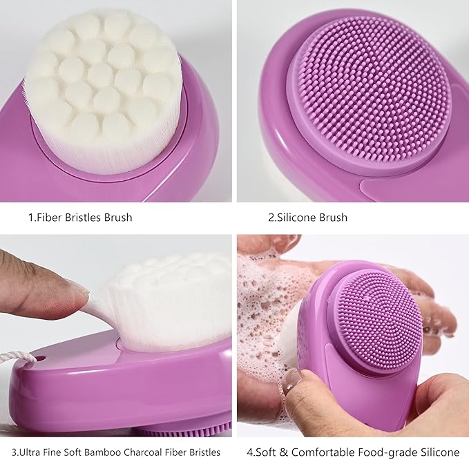 Silicone Face Scrubber Double Side, Handheld Facial Cleansing Brush 2 in 1 Face Cleanser Brush for Deep Cleansing and Exfoliating, Blackhead Makeup Removal 2 Pcs, Purple