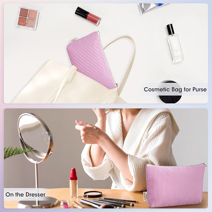 Wandering Nature Makeup Bag Small Cosmetic Bag for Purse 2 Pack Small Make Up Pouch Cute Travel Pouch with Zipper for Women, Pink Stripe