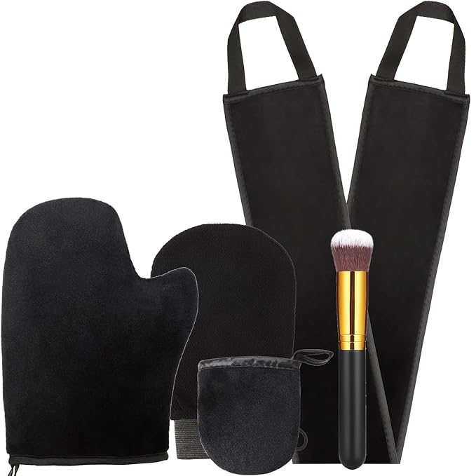 Boao 5 Pieces Self Tanning Mitt Applicator Kit, Includes Tanning Mitt, Exfoliating Glove, Mini Face Glove, Back Lotion Applicator, and Large Brush Makeup
